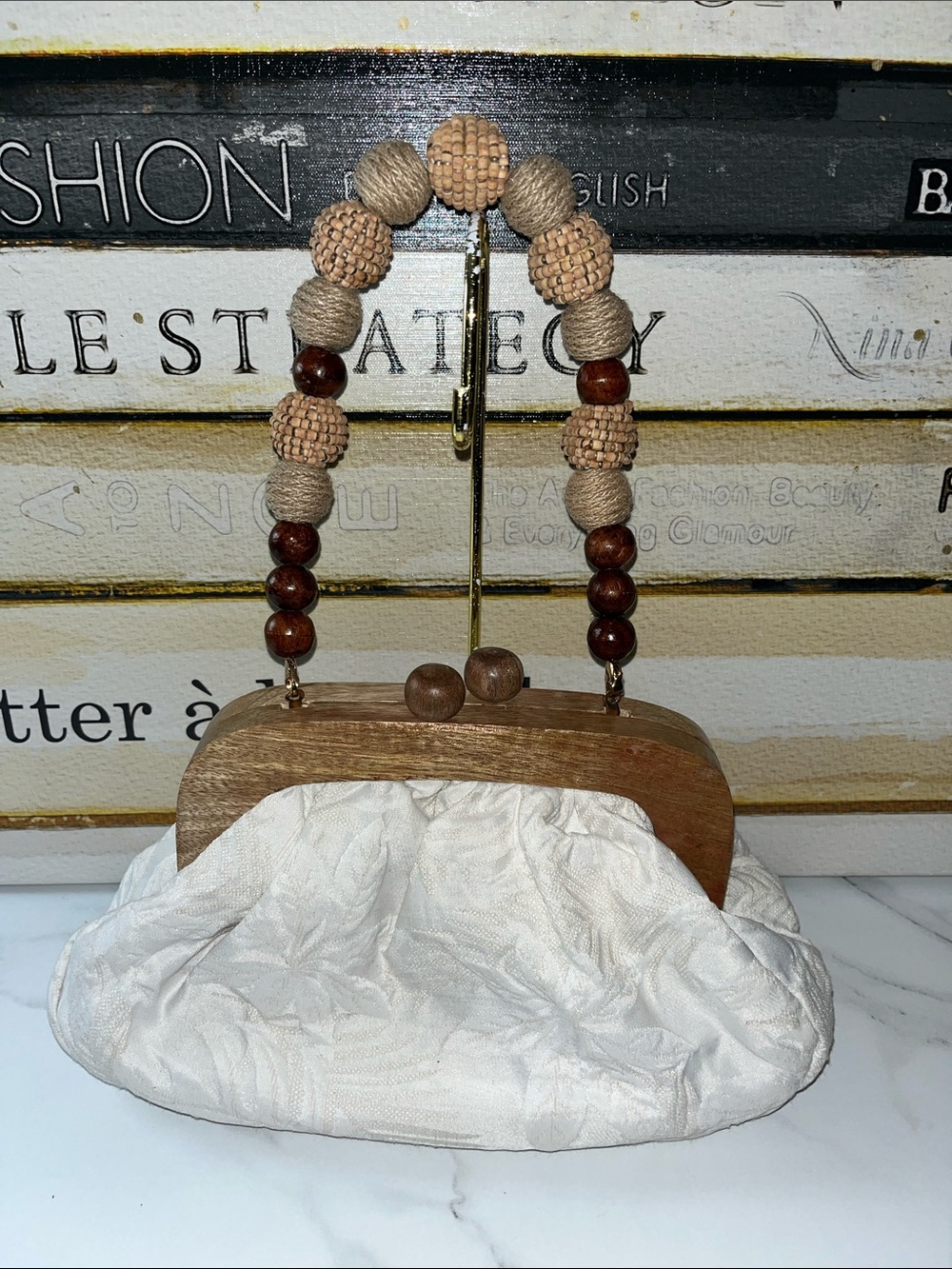 Zara Cream Fabric Clutch with Wooden Frame and Beaded Handle